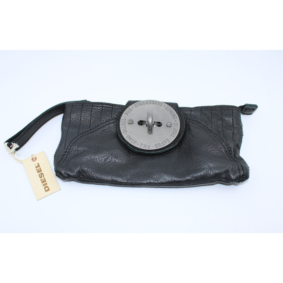 A7 Auth New DIESEL Lock In Embrace Step Black Clutch Turnlock Wristlet Bag